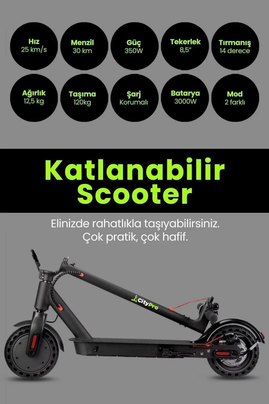 Citypro Süspansiyonlu Çift Şürüş Modlu Katlanabilir Elektrikli Scooter - Siyah