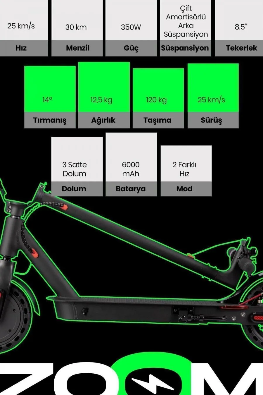 350W Güçlü Motor Katlanabilir Süspansiyonlu Elektrikli Scooter - siyah