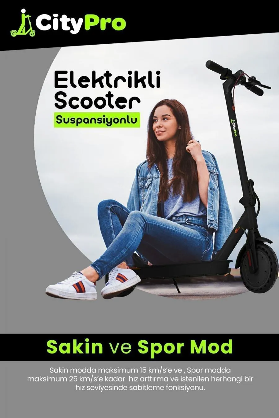 Citypro Süspansiyonlu Çift Şürüş Modlu Katlanabilir Elektrikli Scooter - Siyah