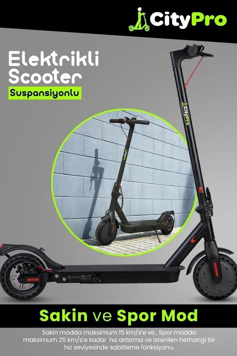 Citypro Süspansiyonlu Çift Şürüş Modlu Katlanabilir Elektrikli Scooter - Siyah