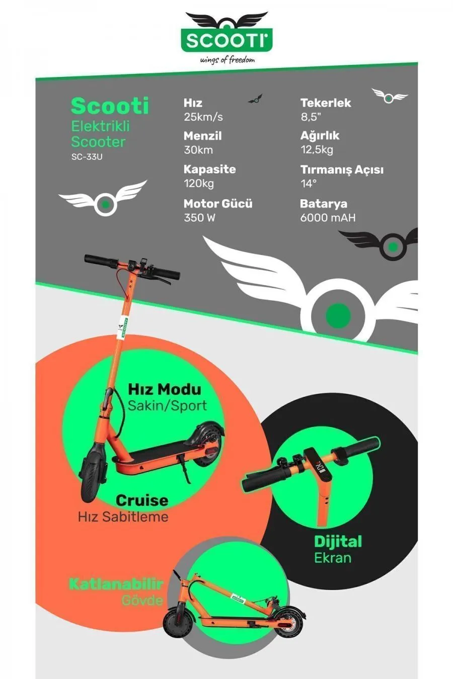 Sc33u Turuncu Katlanabilir Farlı Elektrikli Scooter - TURUNCU