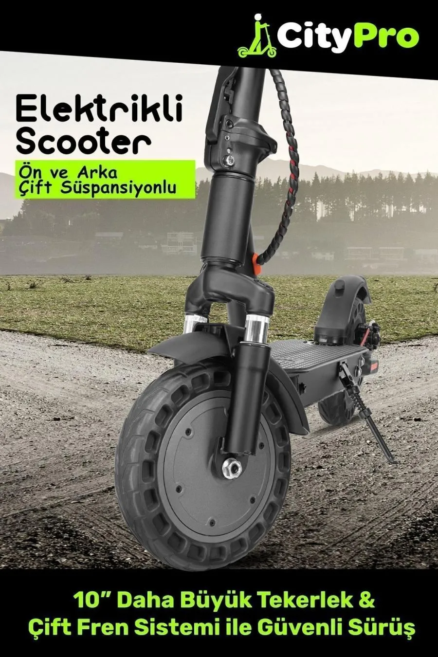 CityPro CP-915 500W Ön Arka Süspansiyon 10” Patlamaz Tekerlekli Elektrikli Scooter - siyah