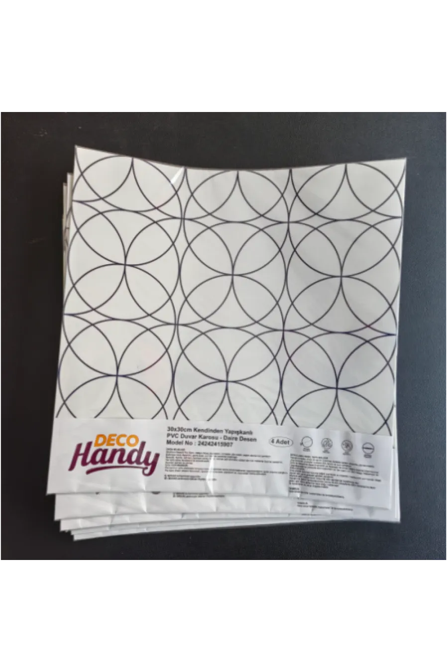 DecoHandy  Pvc Duvar Karosu 30x30cm 4'lü Paket - Siyah Daire Geometrik Desen  0,36m2