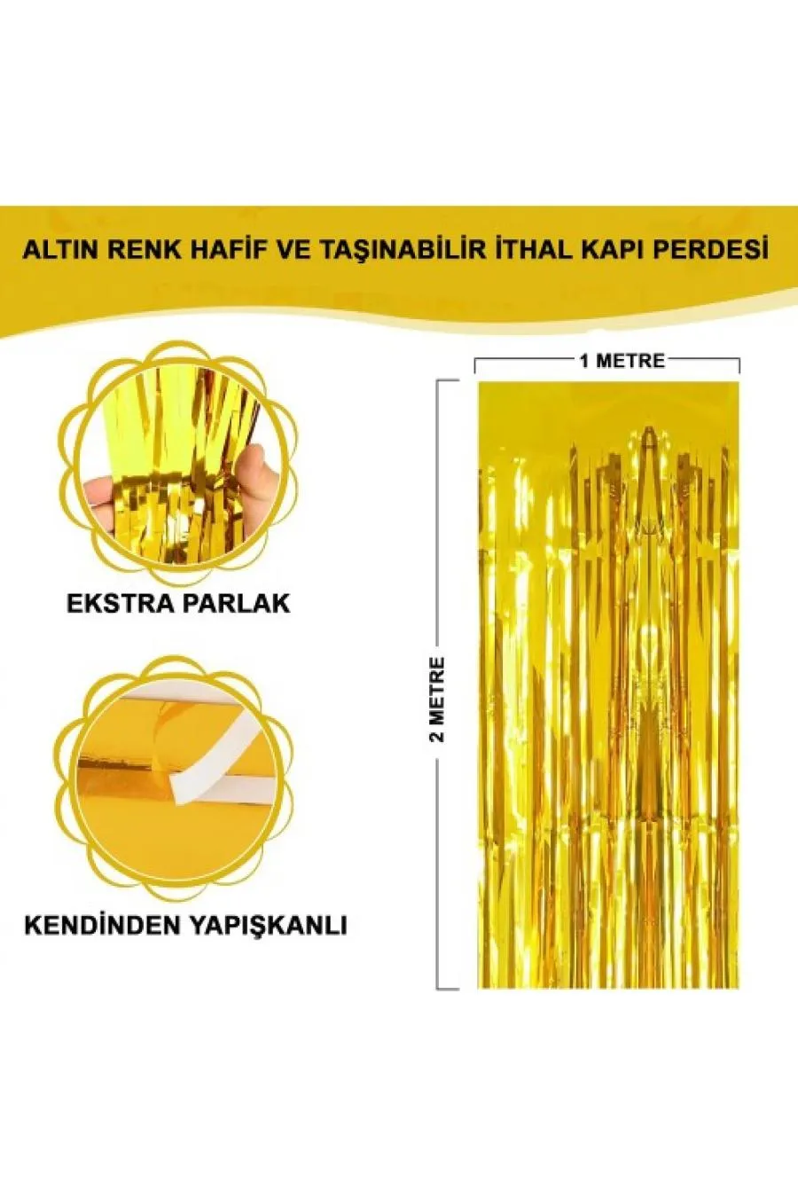 Ekstra Metalize Parlak Saçaklı Arka Fon Perde Gold