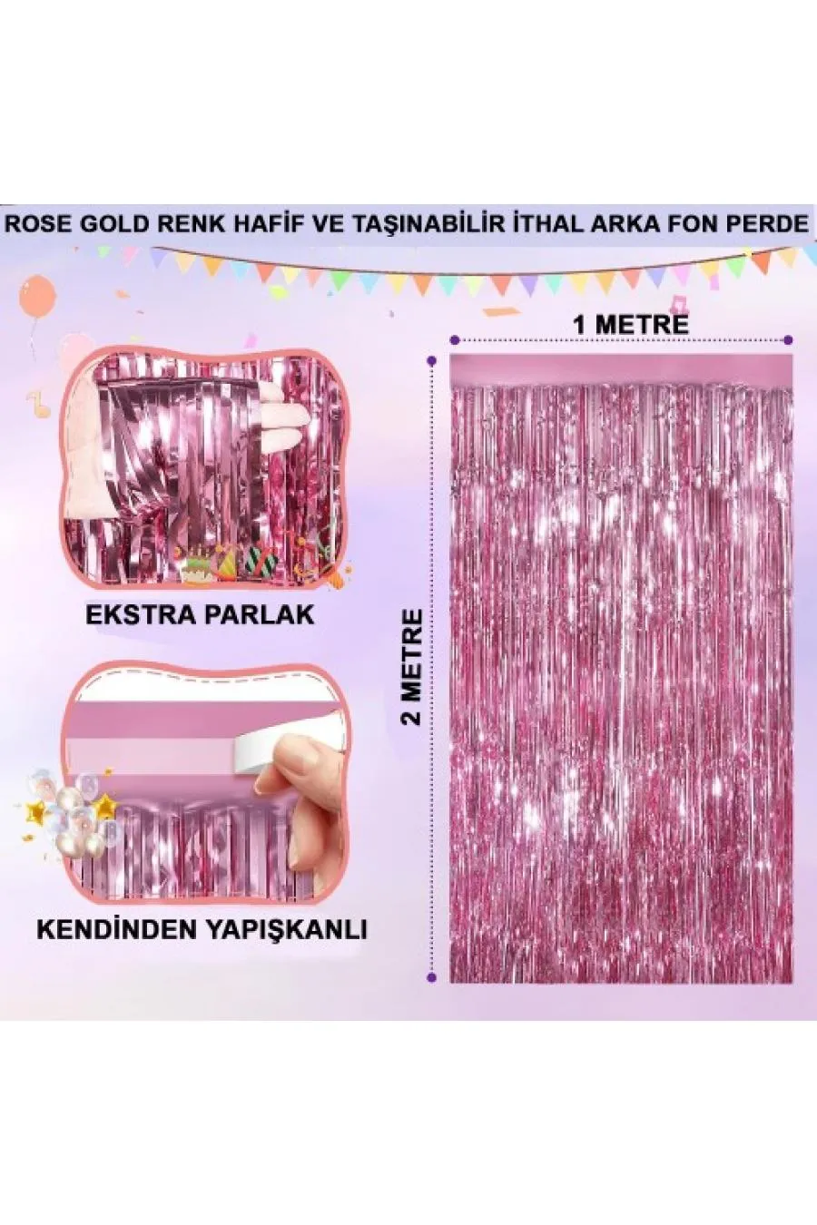 Ekstra Metalize Parlak Saçaklı Arka Fon Perde Rose Gold