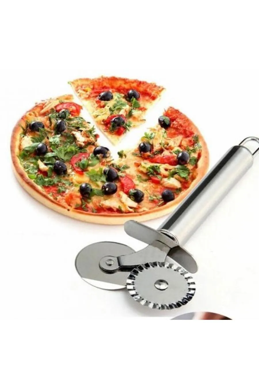 Çİft Başlı Metal Pizza Kesici ve Hamur Ruleti