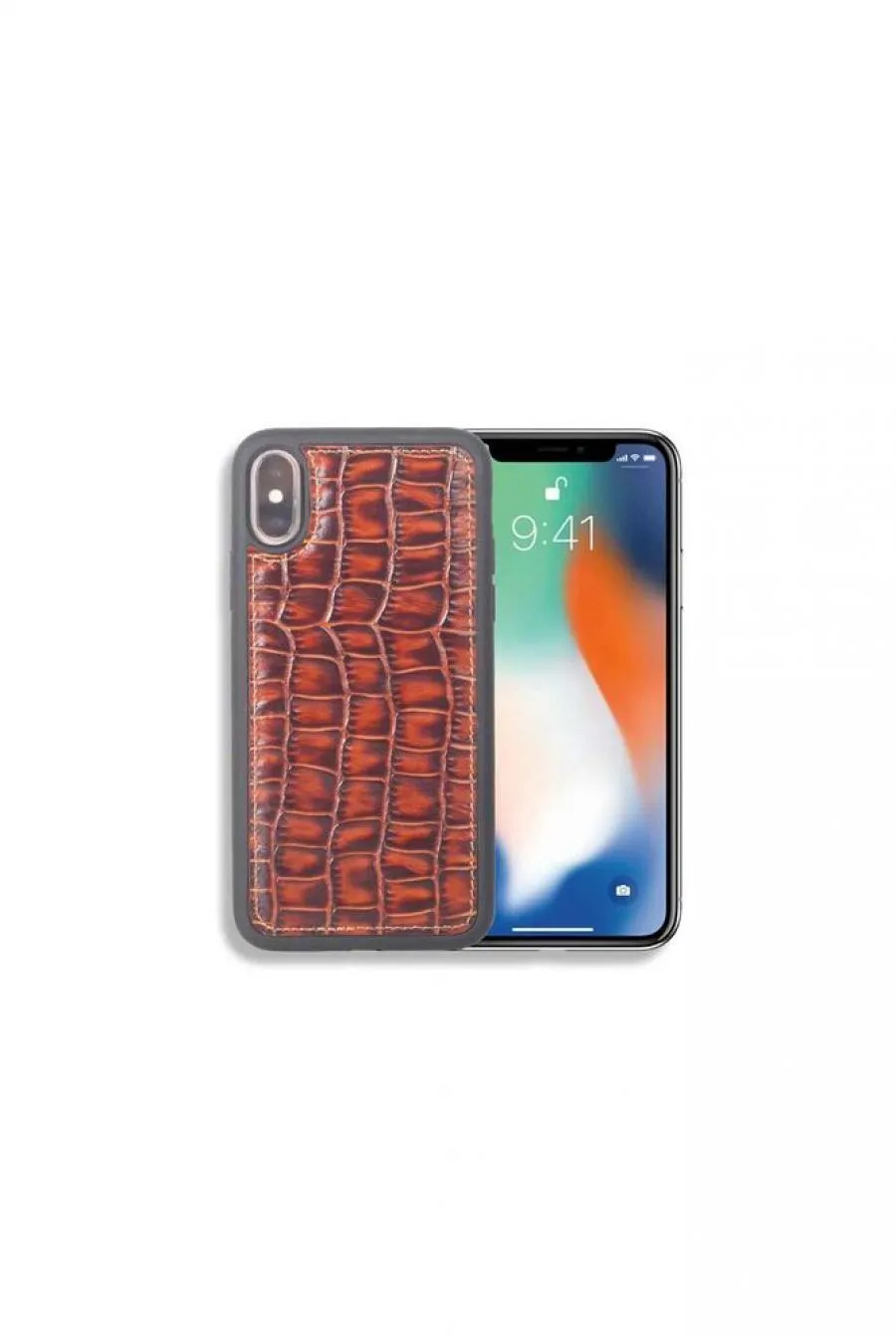 Kahve Büyük Croco Desenli Deri iPhone X / XS Kılıfı