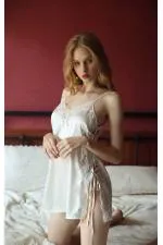 Kadın Ekru Yandan Bağcıklı Ekru Saten Babydoll 3379