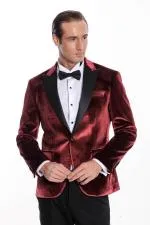 Kadife Slim Fit Bordo Erkek Smokin Ceket - Wessi