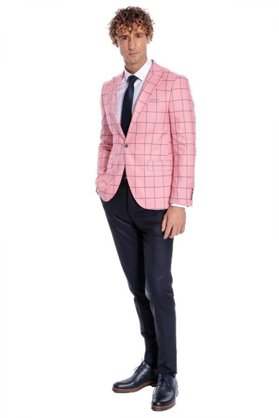 Mavi Kare Desenli Slim Fit Pembe Erkek Ceket - Wessi