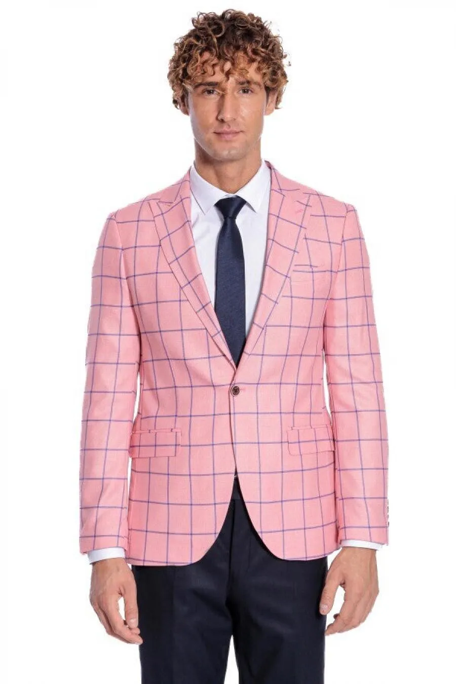 Mavi Kare Desenli Slim Fit Pembe Erkek Ceket - Wessi