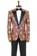 Gold Gül Desenli Slim Fit Bordo Erkek Smokin Ceket - Wessi