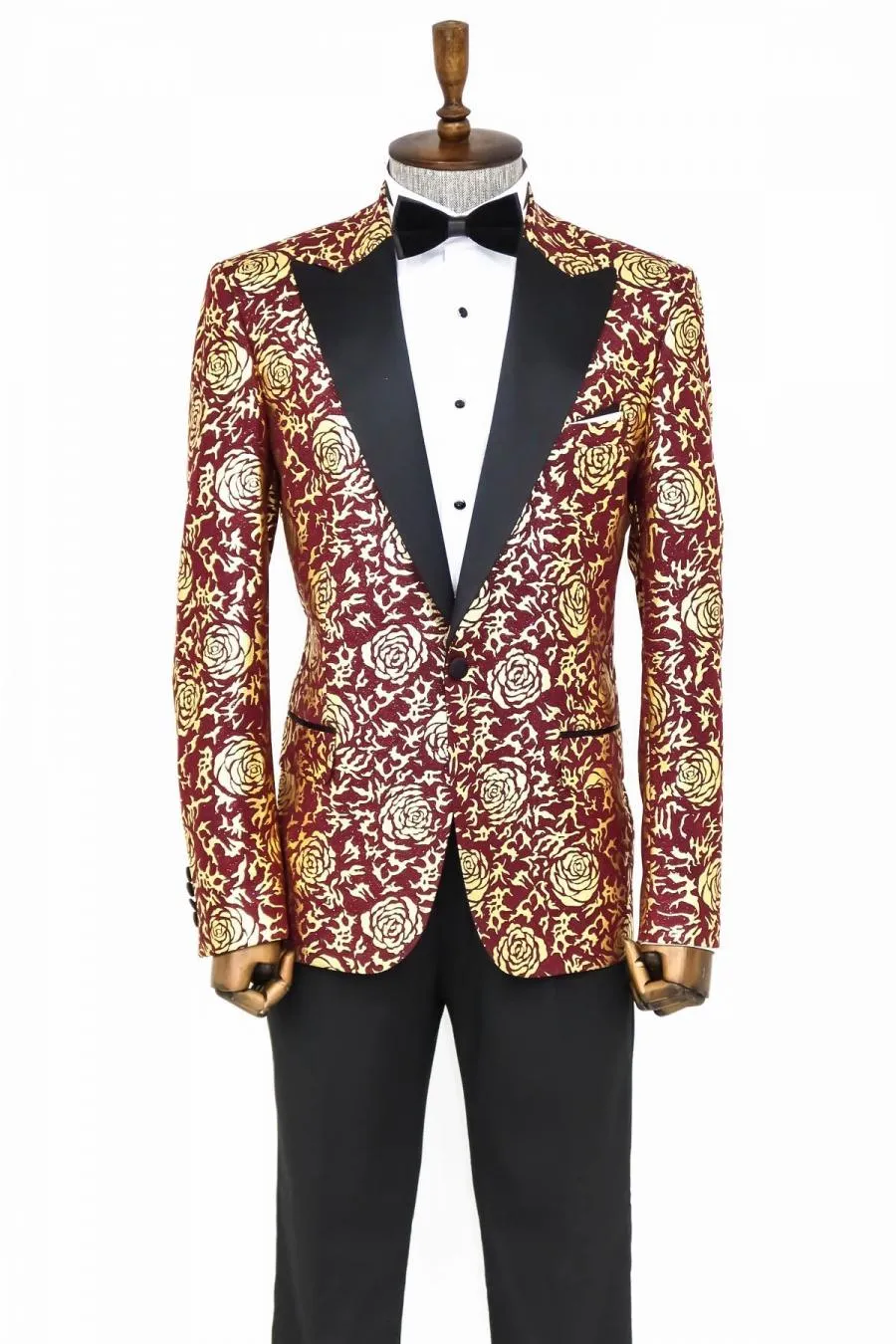 Gold Gül Desenli Slim Fit Bordo Erkek Smokin Ceket - Wessi