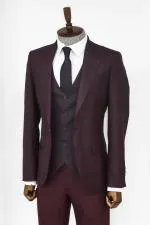 Ekose Ceketli Bordo Slim Fit Takım Elbise - Wessi