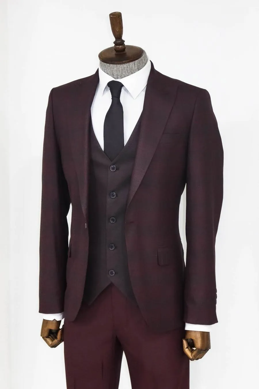 Ekose Ceketli Bordo Slim Fit Takım Elbise - Wessi