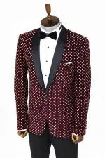 Nokta Desenli Slim Fit Bordo Erkek Smokin Ceket - Wessi