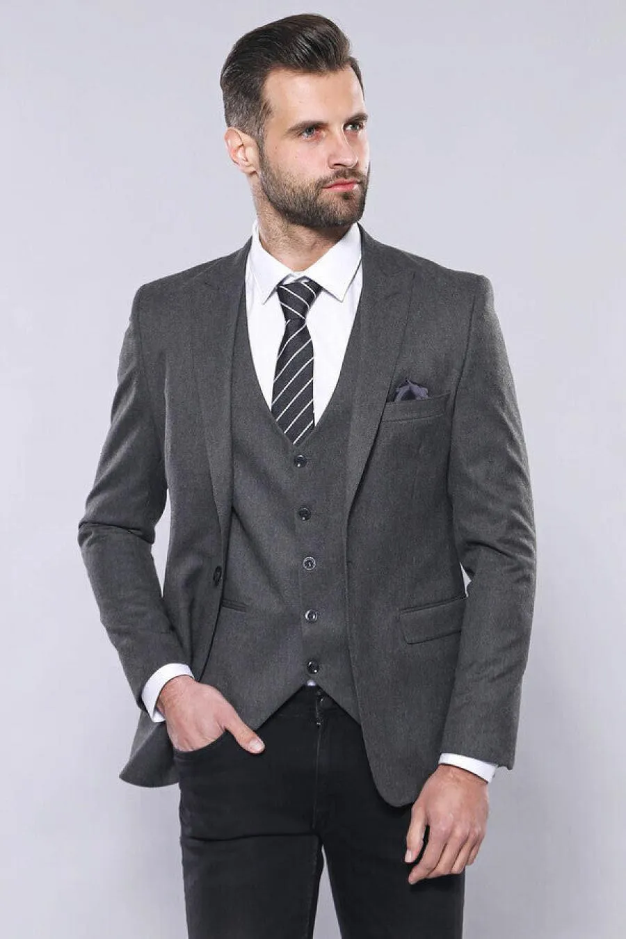 Düz Gri Slim Fit Yelek Ceket Set | Wessi