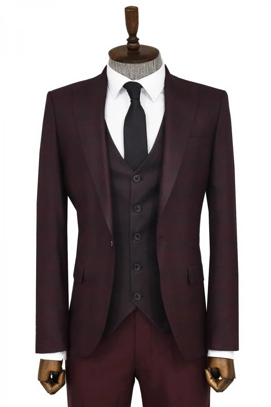 Ekose Ceketli Bordo Slim Fit Takım Elbise - Wessi