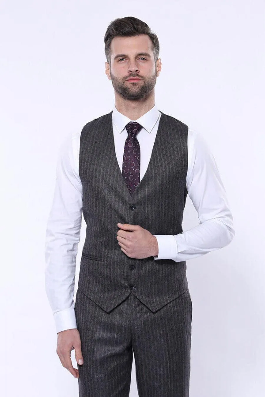 Çizgili Slim Fit Siyah Yelekli Takım Elbise - Wessi