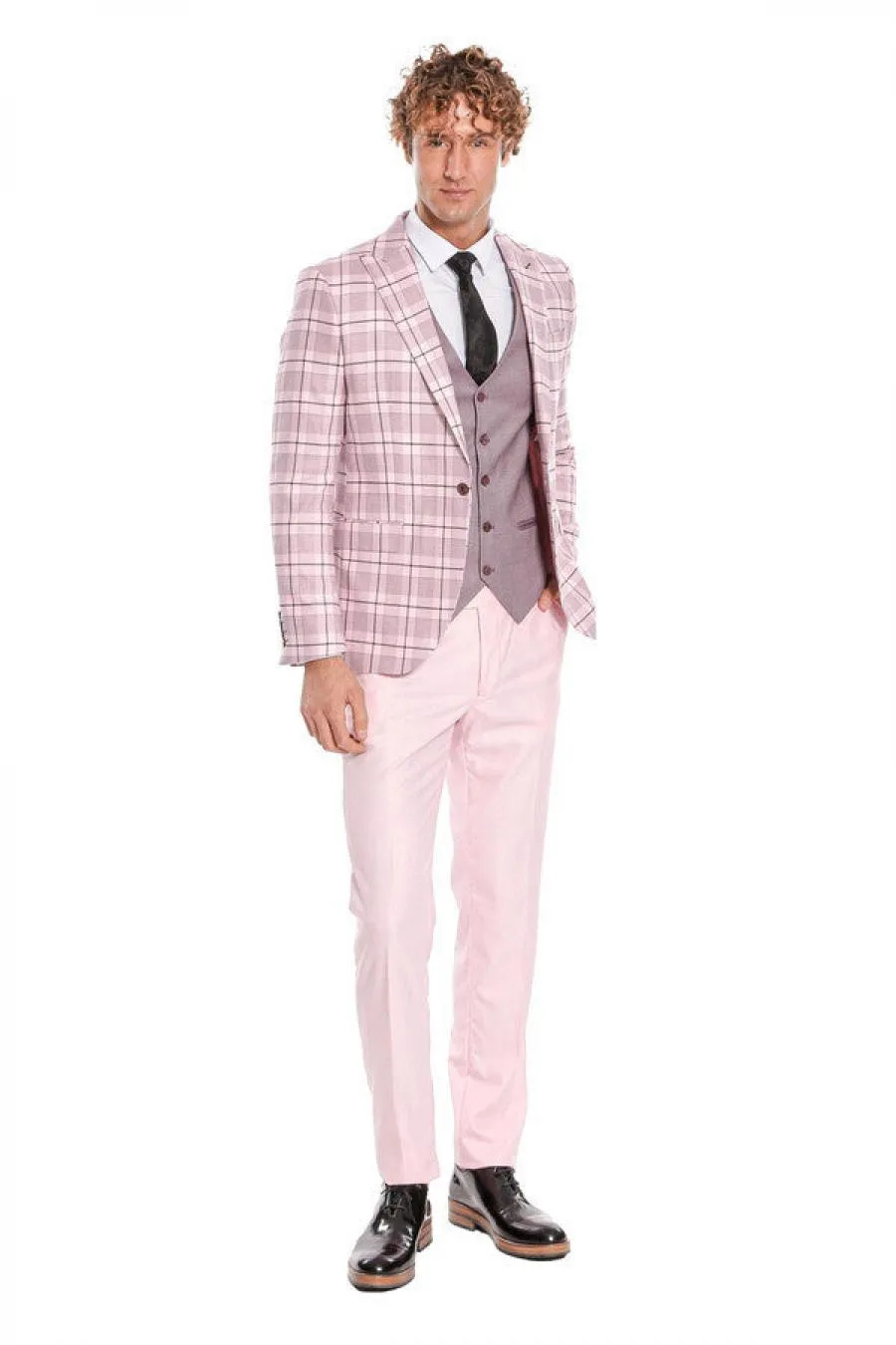 Ekose Ceketli Slim Fit Pembe Erkek Takım Elbise - Wessi