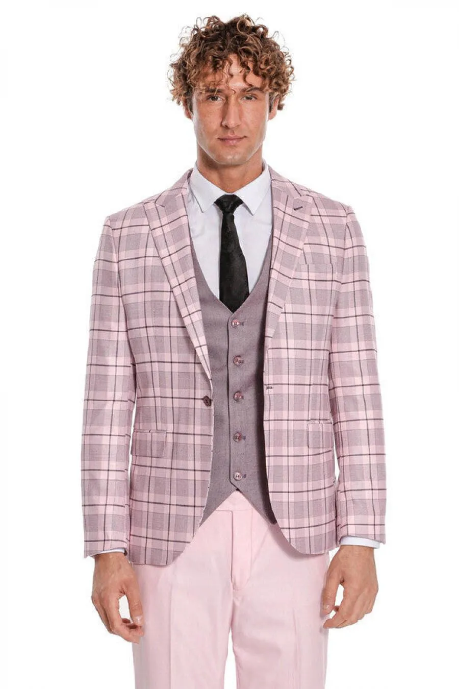 Ekose Ceketli Slim Fit Pembe Erkek Takım Elbise - Wessi