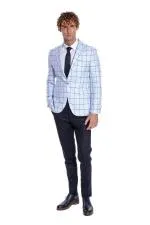 Kare Desenli Slim Fit Açık Mavi Erkek Ceket - Wessi