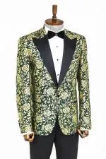 Gold Gül Desenli Slim Fit Yeşil Erkek Smokin Ceket - Wessi