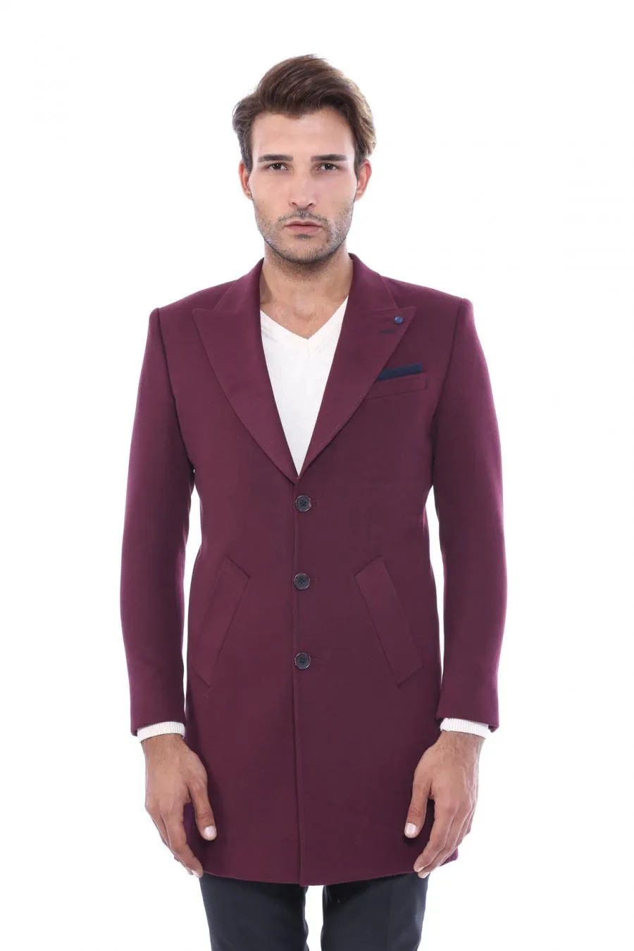 Bordo Sivri Yaka Slim Fit Kaban - Wessi