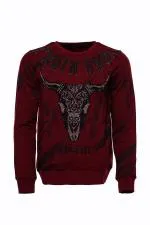 Bordo Taşlı Baskılı Bisiklet Yaka Sweatshirt - Wessi