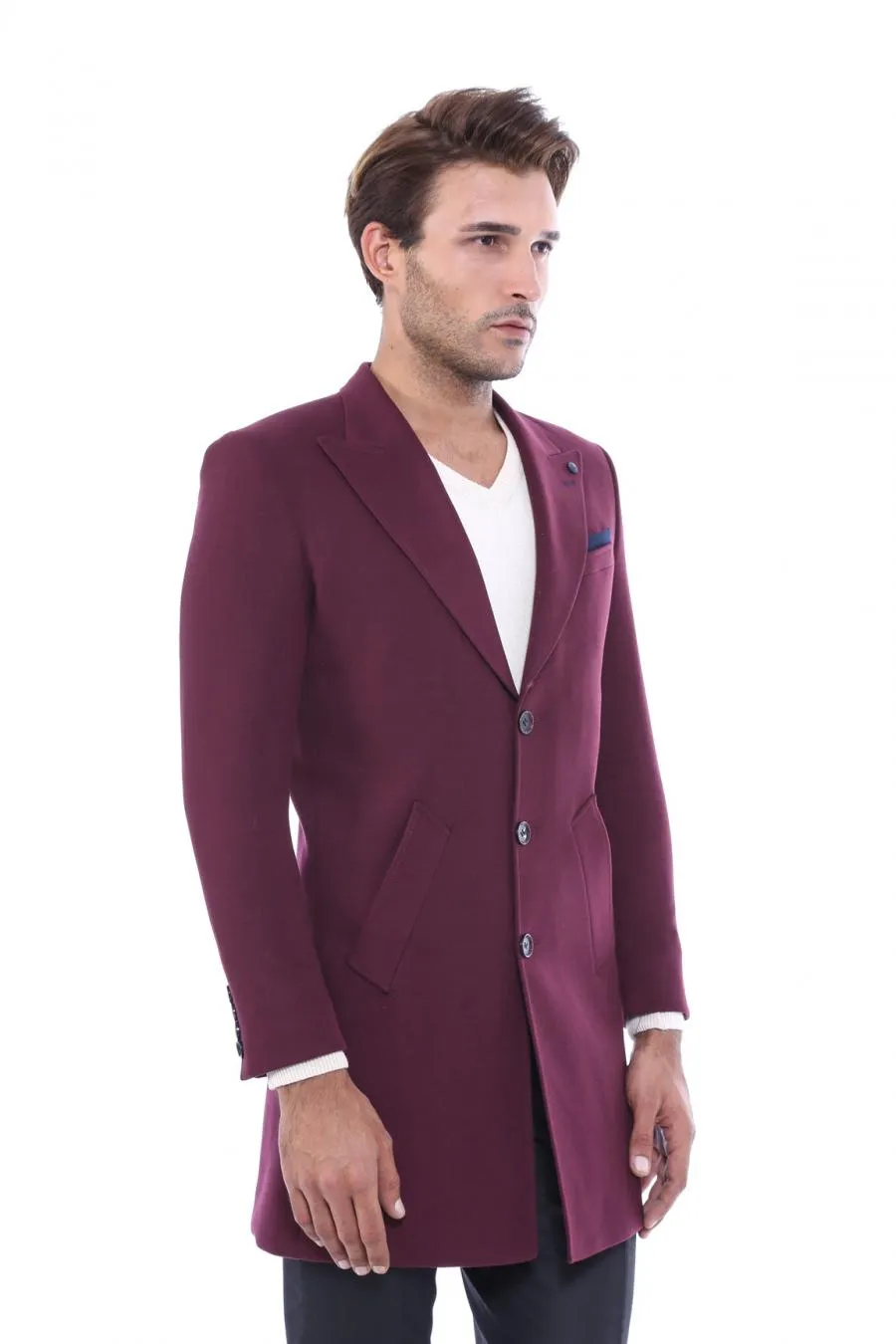 Bordo Sivri Yaka Slim Fit Kaban - Wessi