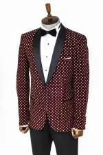 Nokta Desenli Slim Fit Bordo Erkek Smokin Ceket - Wessi