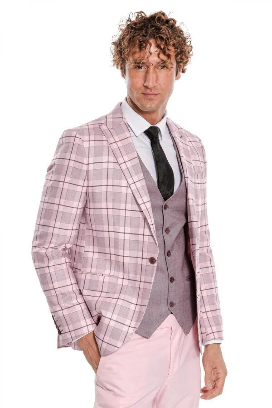 Ekose Ceketli Slim Fit Pembe Erkek Takım Elbise - Wessi