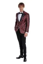 Floral Desenli Slim Fit Bordo Erkek Smokin Ceket - Wessi