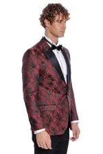 Floral Desenli Slim Fit Bordo Erkek Smokin Ceket - Wessi