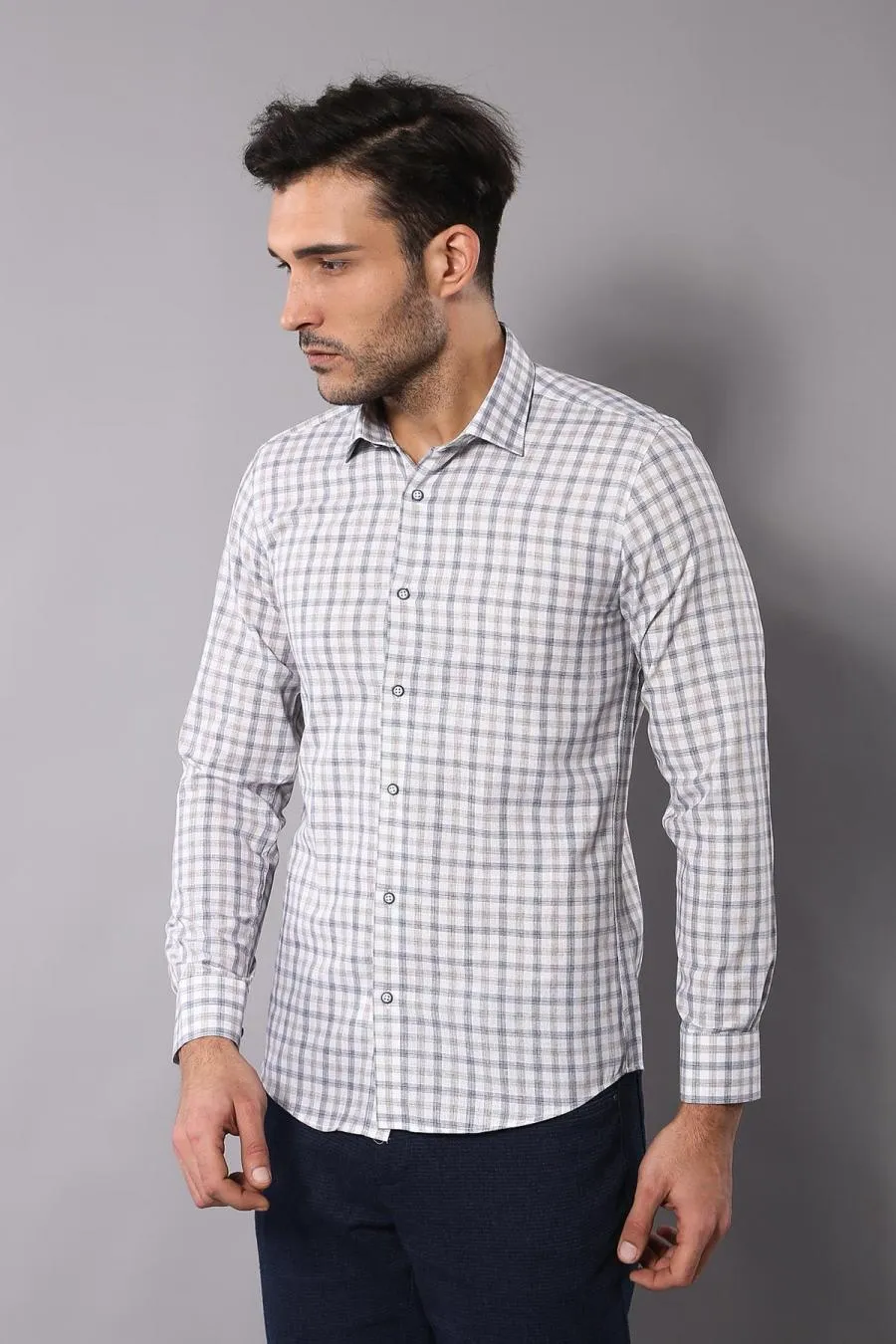 Ekose Desenli Slim Fit Krem Gömlek | Wessi