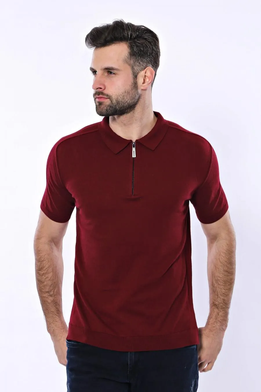 Polo Yaka Düz Bordo Örme T-shirt - Wessi