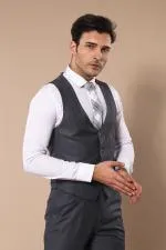 Düz Slim Fit Yelekli Füme Takım Elbise | Wessi