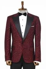 Hipnoz Desen Sivri Yaka Slim Fit Bordo Erkek Smokin Ceket - Wessi