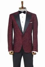 Hipnoz Desen Sivri Yaka Slim Fit Bordo Erkek Smokin Ceket - Wessi