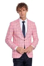 Mavi Kare Desenli Slim Fit Pembe Erkek Ceket - Wessi