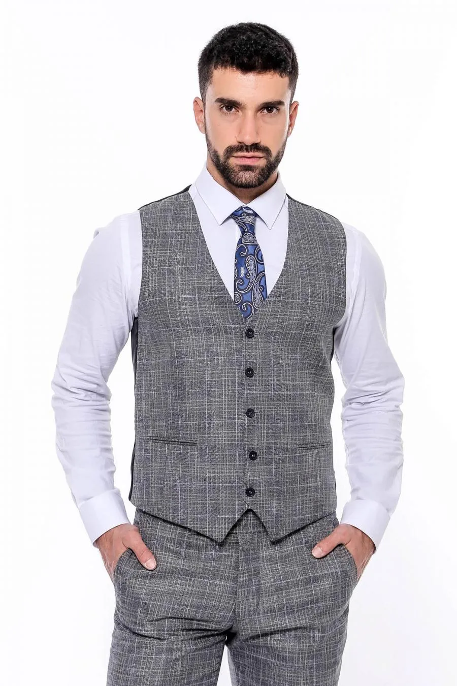 Kendinden Desenli Yelekli Slim Fit Füme Takım Elbise - Wessi