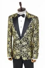 Gold Gül Desenli Slim Fit Siyah Erkek Smokin Ceket - Wessi