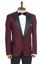 Hipnoz Desen Sivri Yaka Slim Fit Bordo Erkek Smokin Ceket - Wessi