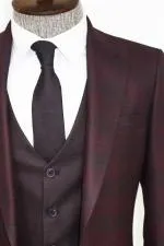 Ekose Ceketli Bordo Slim Fit Takım Elbise - Wessi