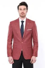 Kendinden Desenli Slim Fit Bordo Ceket - Wessi