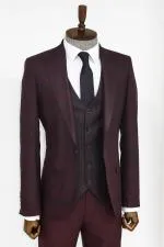 Ekose Ceketli Bordo Slim Fit Takım Elbise - Wessi