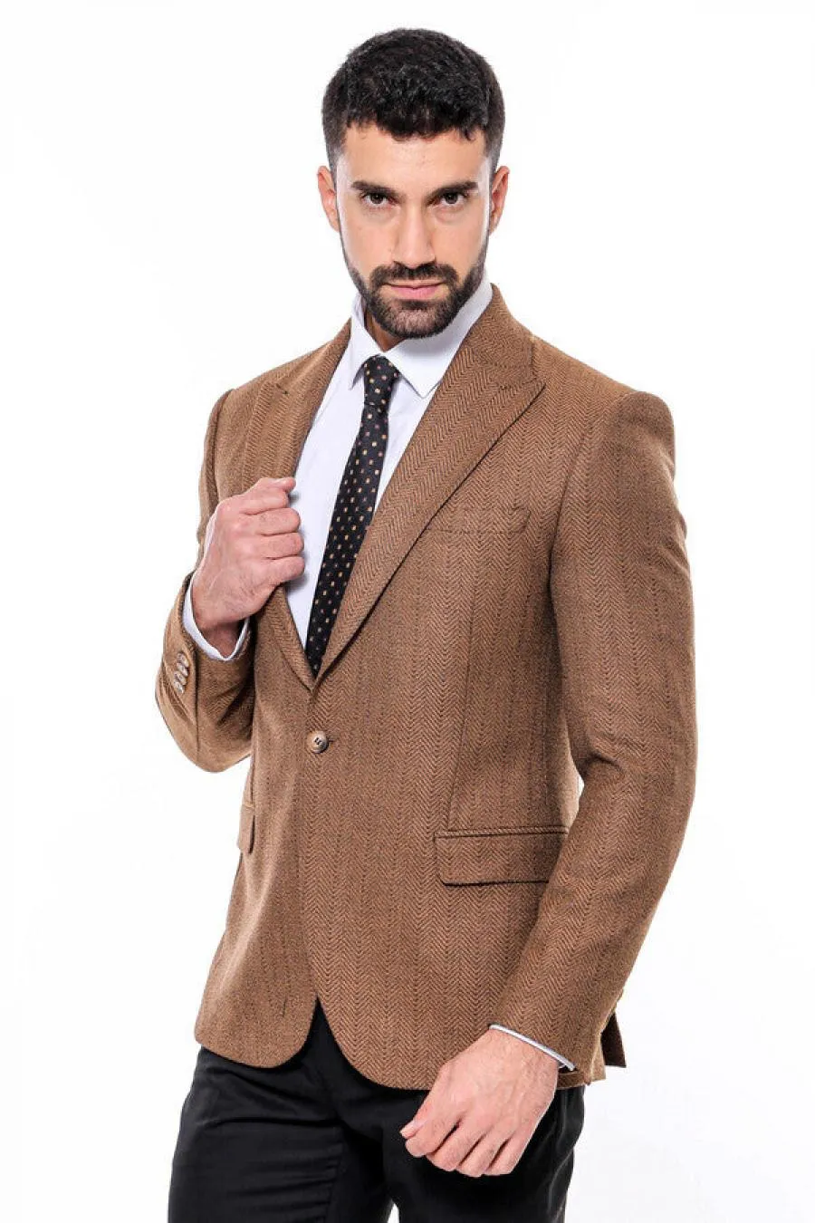 Slim Fit Desenli Açık Kahverengi Erkek Ceket - Wessi