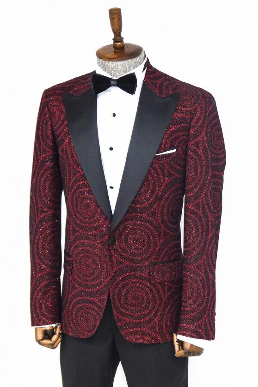 Hipnoz Desen Sivri Yaka Slim Fit Bordo Erkek Smokin Ceket - Wessi