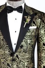 Slim Fit Altın Şal Desenli Siyah Erkek Smokin Blazer