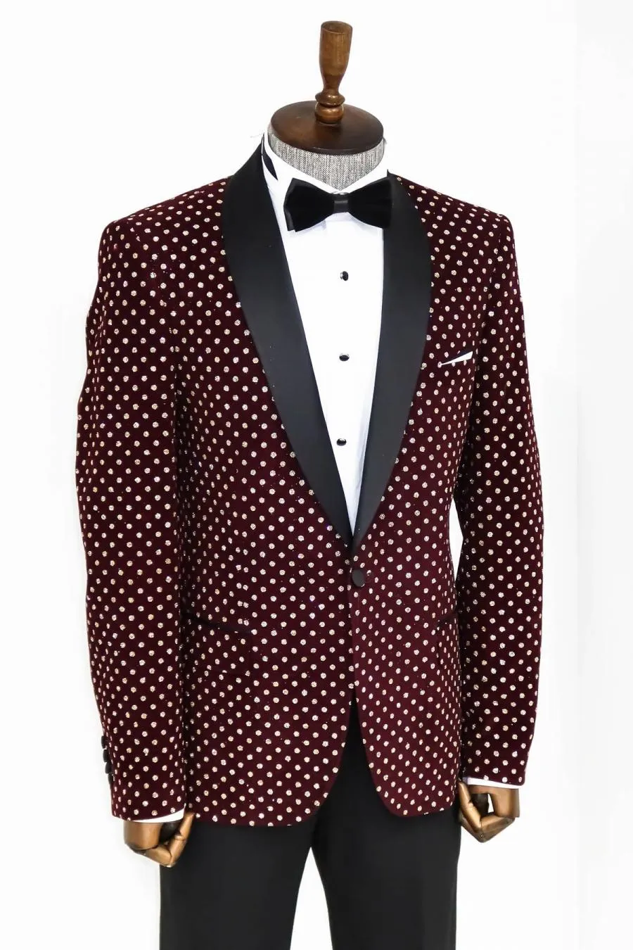 Nokta Desenli Slim Fit Bordo Erkek Smokin Ceket - Wessi